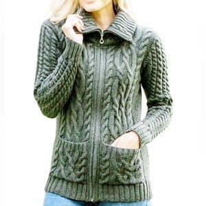 Aran Woollen Mills Green Soft Merino Wool Zipped Cardigan Sweater Size Medium